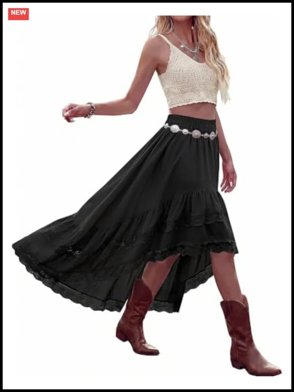 Western Boho High Low Lace Ruffle Skirt Flowy Elastic Waist Maxi